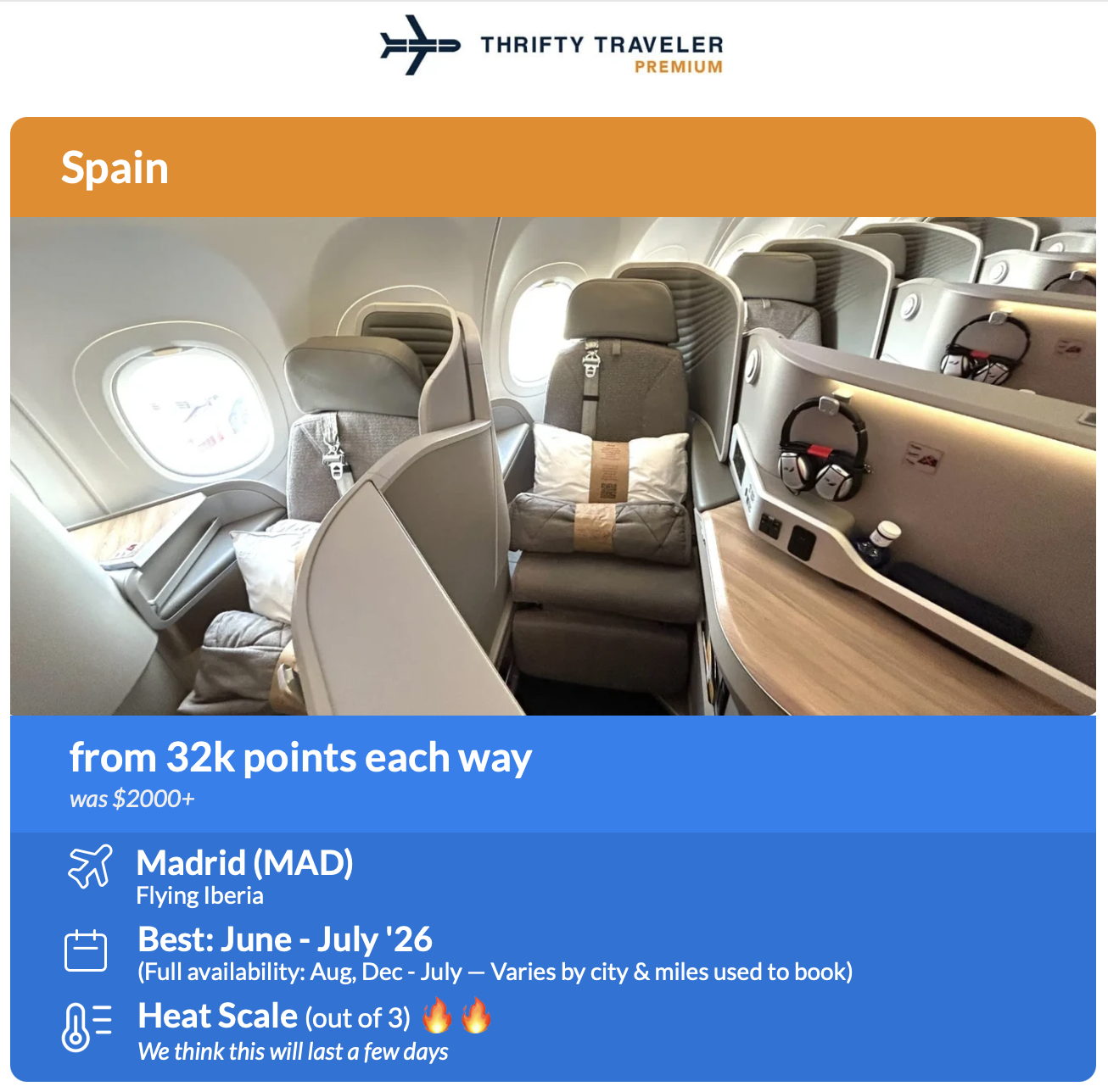 Thrifty Traveler Premium Iberia business class alert for flights to Spain from 32,000 points each way 