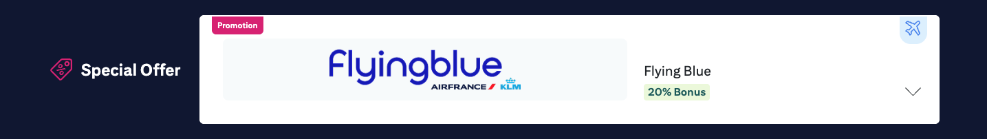 New: Get a 20% Bonus When Transferring Citi Points to Air France/KLM Flying Blue! 1 Citi ThankYou points transfers to Flying Blue, showing a 20% bonus.