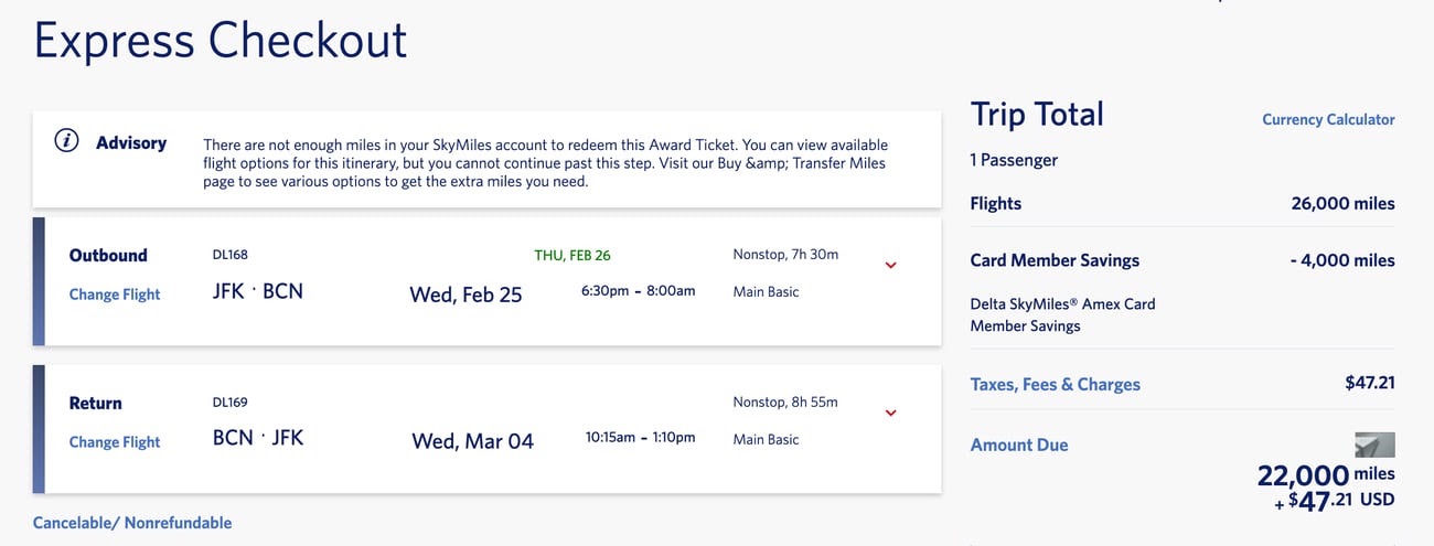 delta skymiles flight jfk to barcelona for 22,000 skymiles