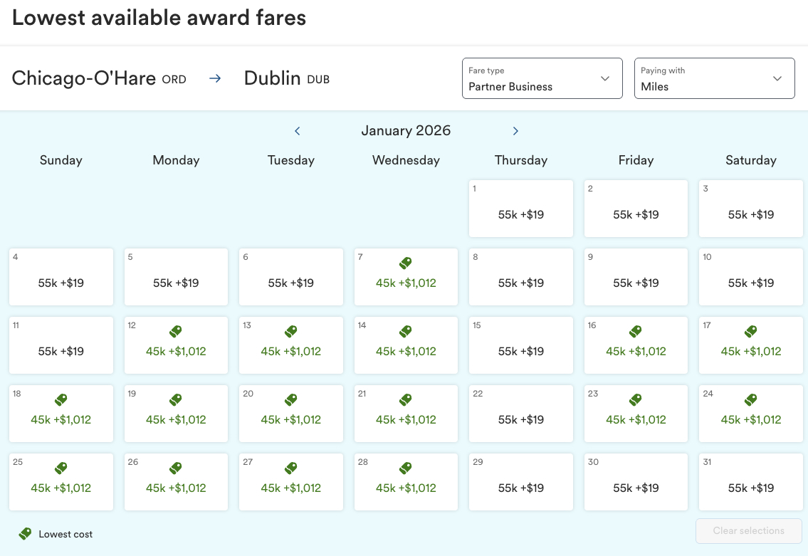 Trying to Use Your Miles? The Best Websites for Finding Award Availability 33 Alaska calendar search Chicago to Dublin