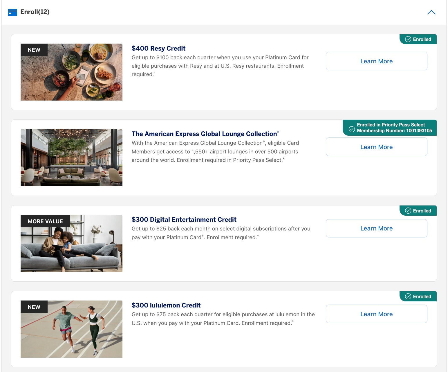 list of amex platinum benefits showing they've been enrolled