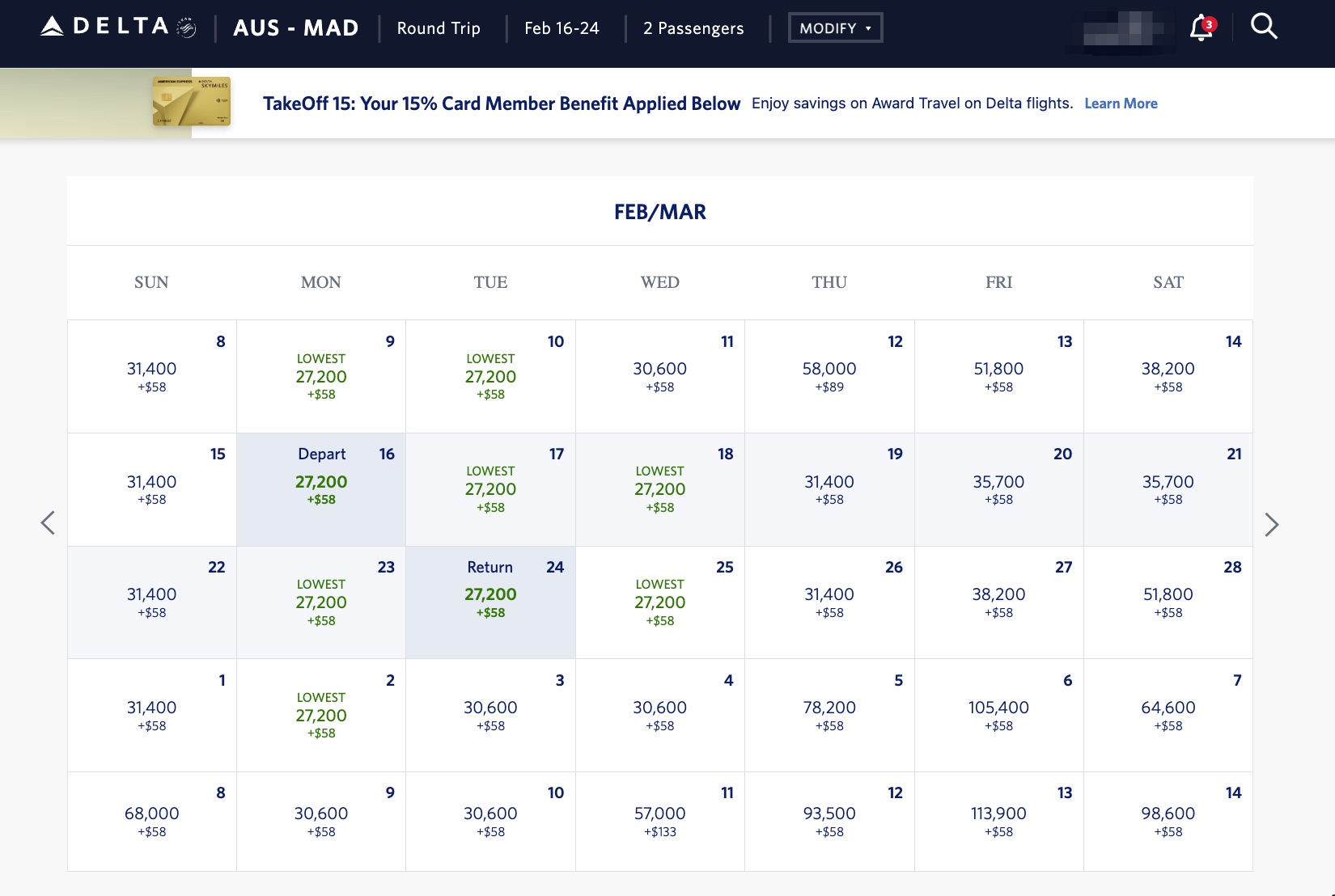 austin to madrid price calendar search on delta website