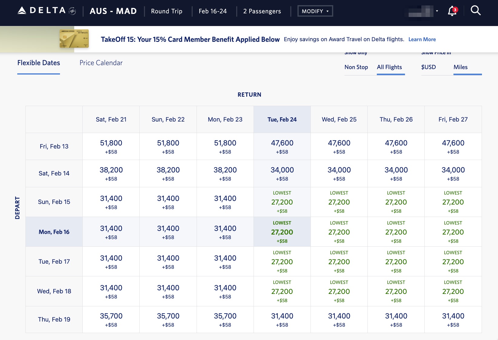 delta skymiles search from austin to madrid