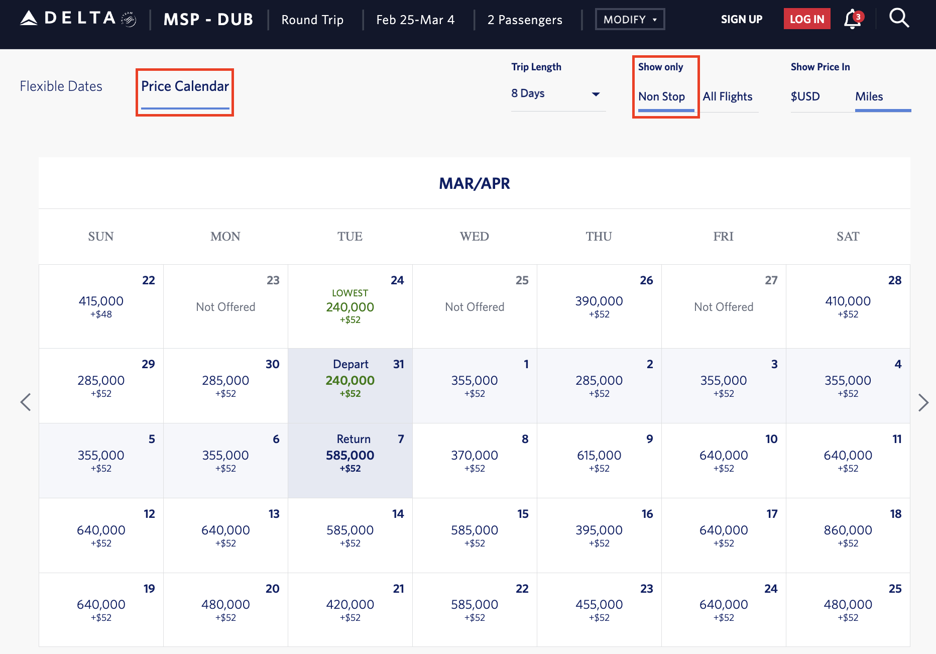 Trying to Use Your Miles? The Best Websites for Finding Award Availability 46 delta price calendar and filtering for nonsotp