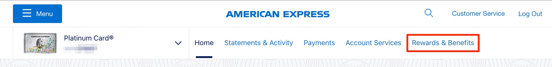 american express menu with rewards and benefits selected