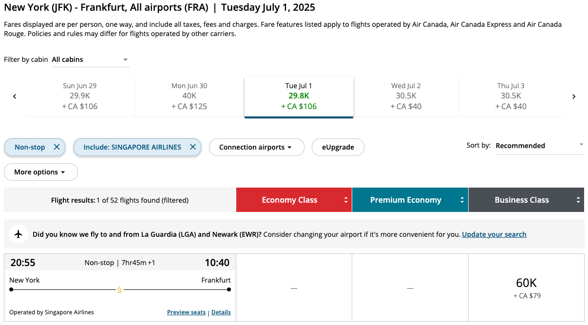 singapore airlines booking via air canada aeroplan