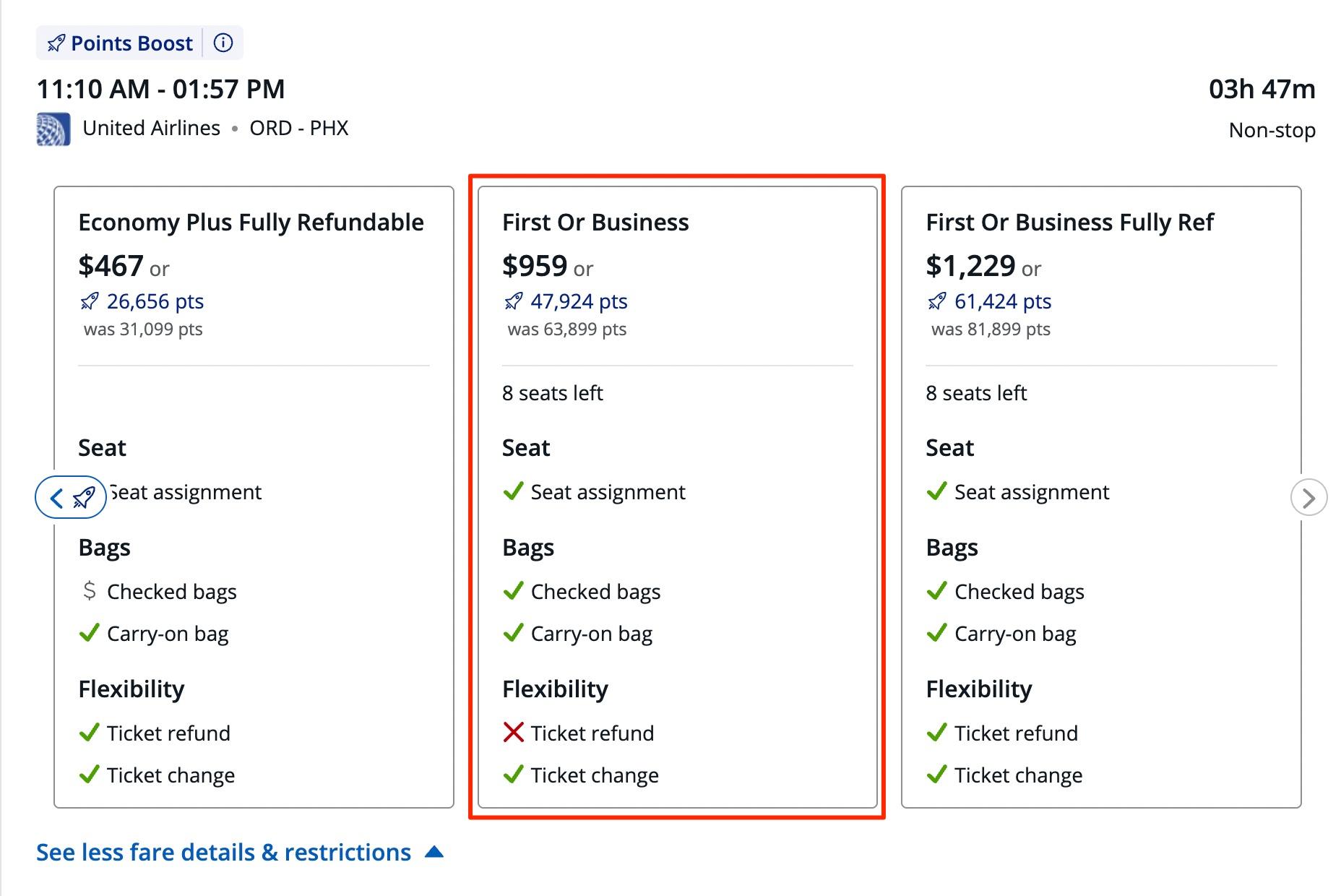 Chase Travel Points Boost offer for first class on United from ORD-PHX for 47,924 points or $959.