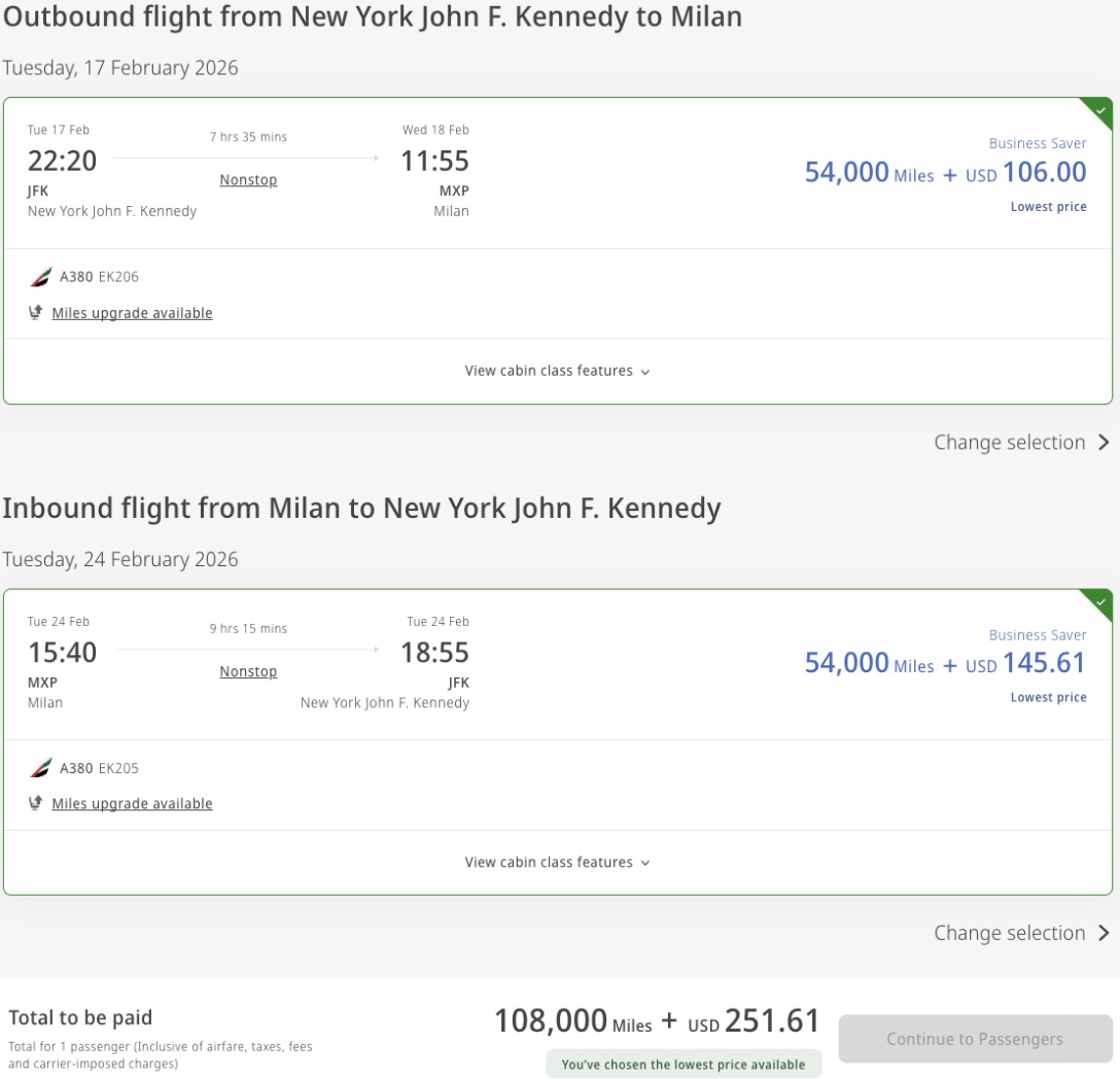 Emirates business class airfare from 108,000 roundtrip. 