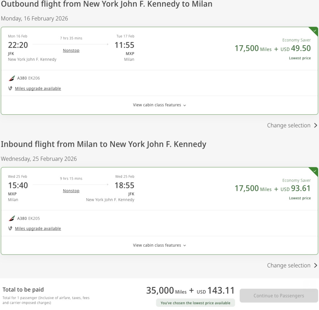 Emirates economy fare for 35,000 points roundtrip. 