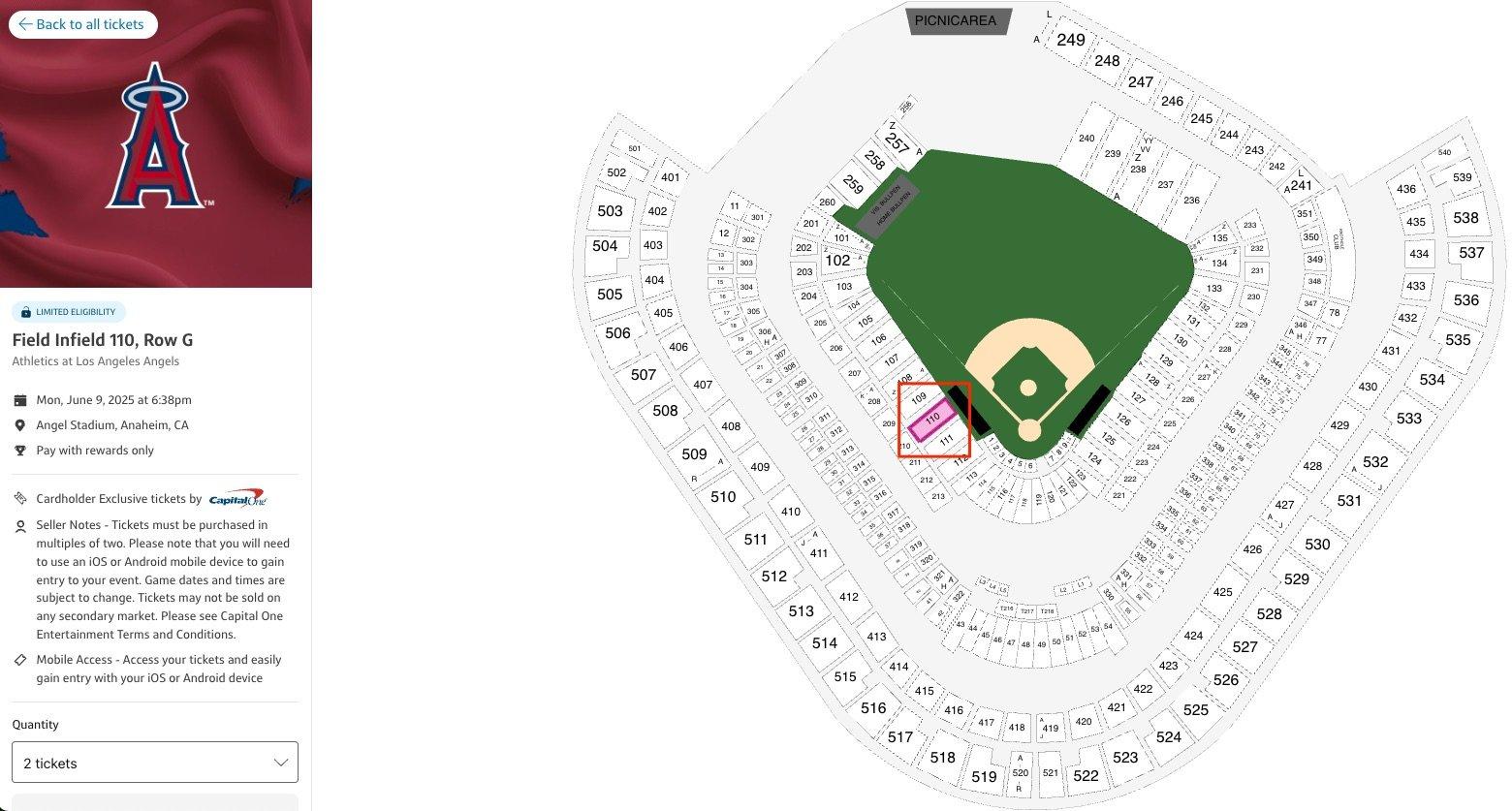 Los Angeles Angels seating chart with 5k mile Capital One tickets behind the visitors dugout. 