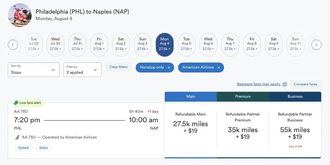 PHL to Naples airfare booked through Alaska Airlines