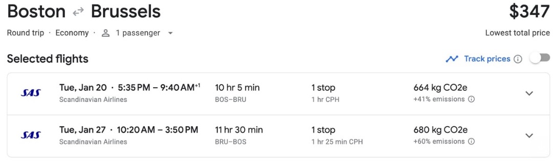 BOS to BRU SAS fares