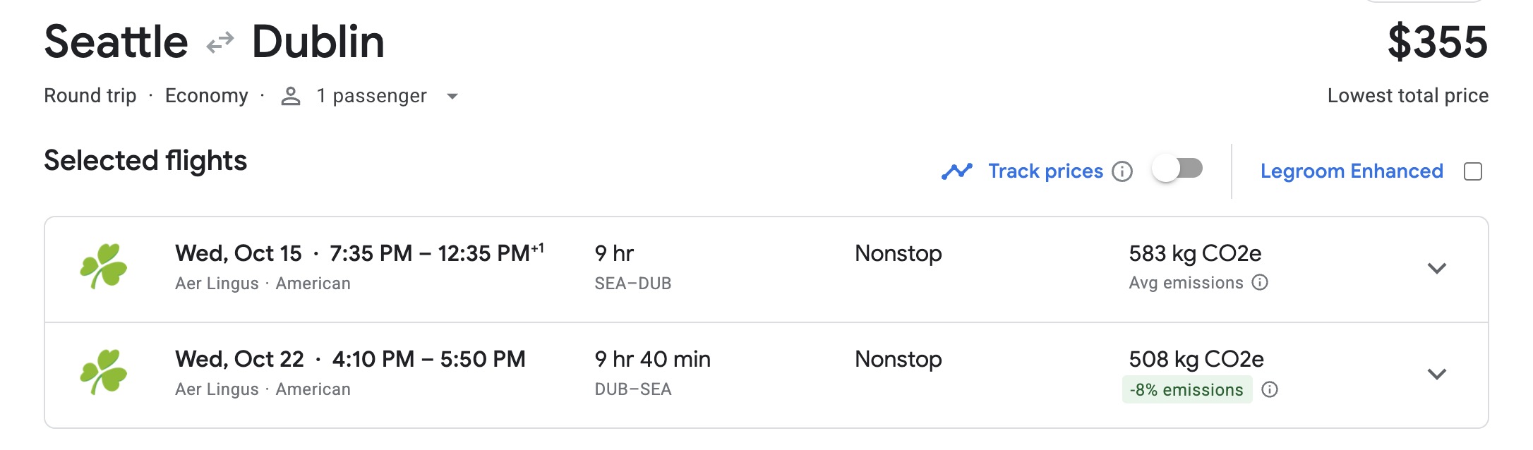 Seattle to Dublin roundtrip airfare in the $300s. 