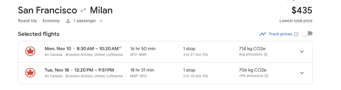 San Francisco to Milan, Italy airfare on Air Canada
