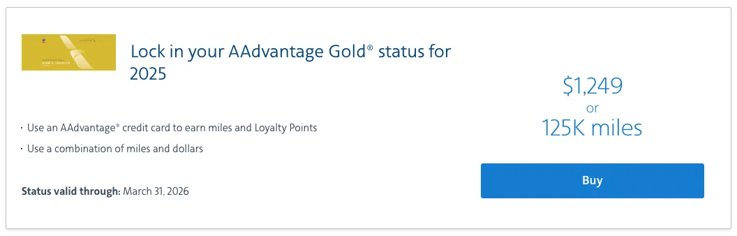 An offer from American Airlines to lock in AAdvantage Gold status for 2025 for $1,249. 