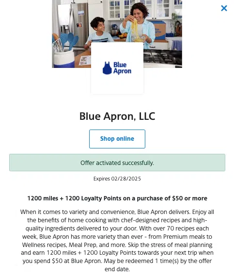 Earn 1,200 AA miles and Loyalty Points through SimplyMiles with Blue Apron.