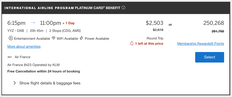 Amex International Airline Program booking from Toronto to Dubai for $2,503