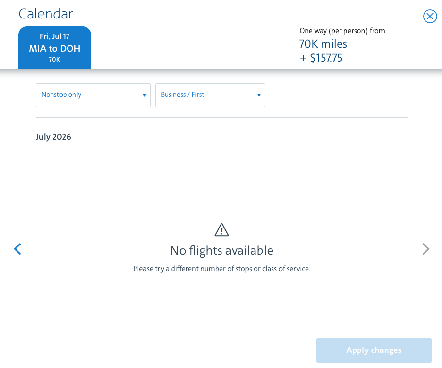 american airlines award search with no flights available from Miami to Doha. 