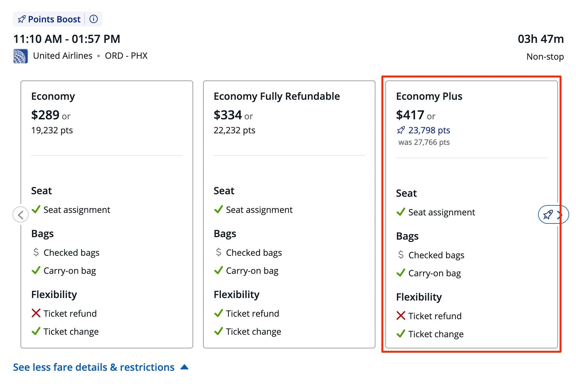 Chase Travel Points Boost offer for Economy Plus on United from ORD-PHX for 23,798 points or $417. 