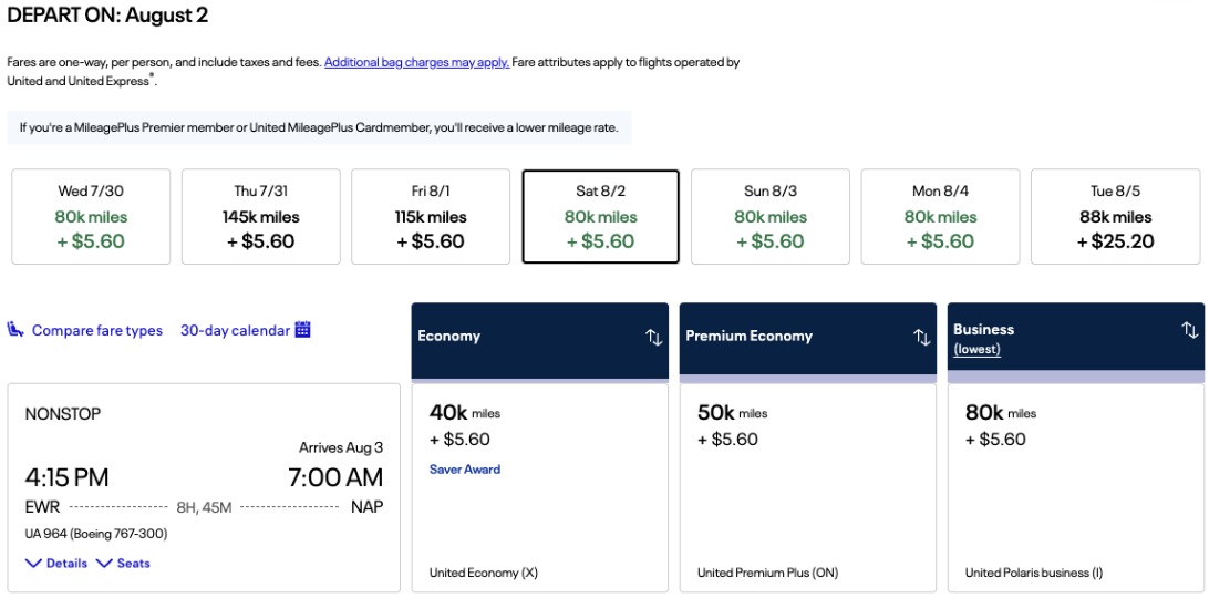 United airfare from Newark to Naples for 80,000 miles in business class. 