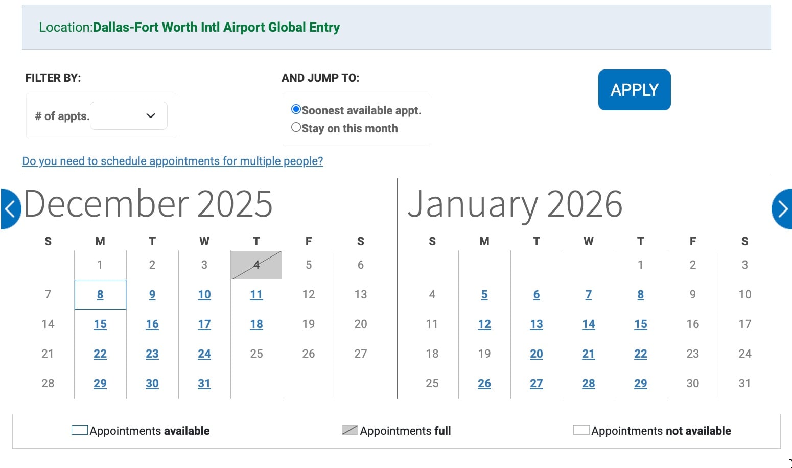 dfw global entry calendar december and january