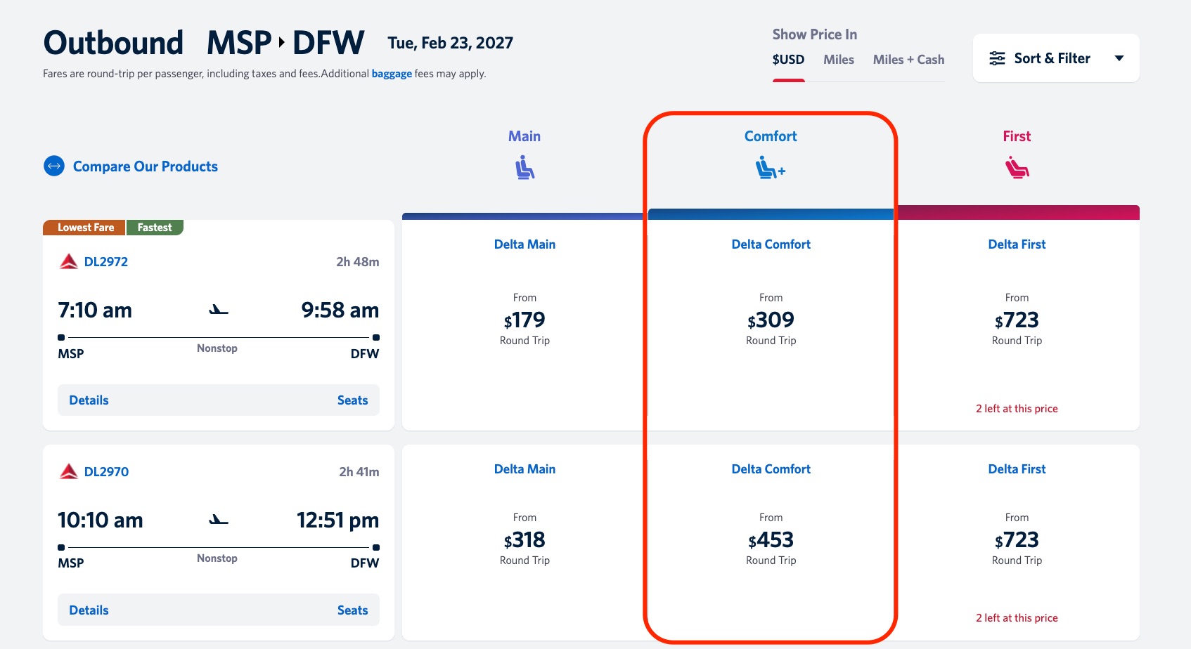 Are Delta Comfort Seats Really Worth the Extra Cash or SkyMiles? 16 delta flights from minneapolis to dallas showing comfort fares