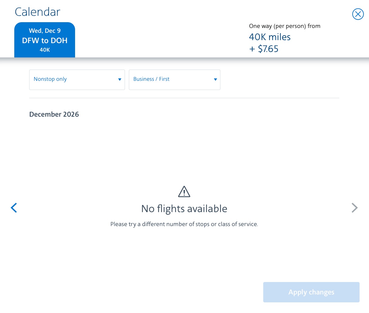 blank american airlines award search from dallas to doha