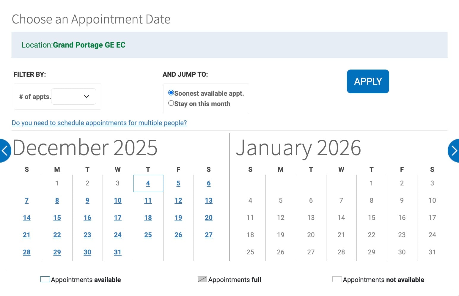 global entry interview calendar december in grand portage mn
