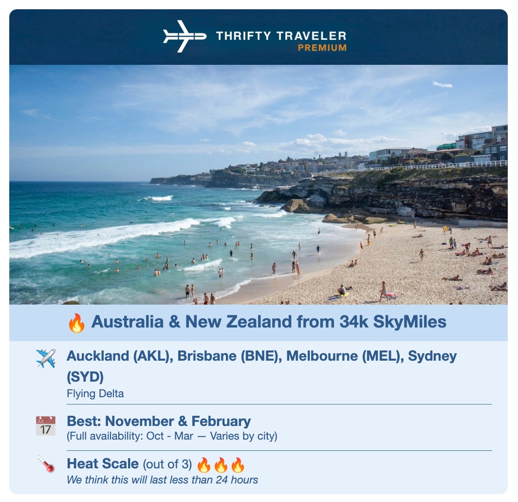 Amazing Delta SkyMiles Deal: Australia & New Zealand from 34K SkyMiles RT! 2 thrifty traveler premium email to australia and new zealand from 34k skymiles