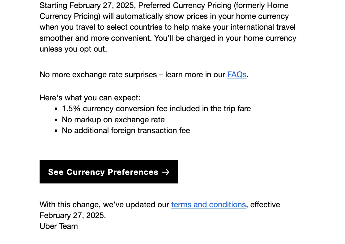 uber email explaining currency conversion program