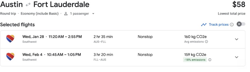 Austin to Fort Lauderdale airfare for $58