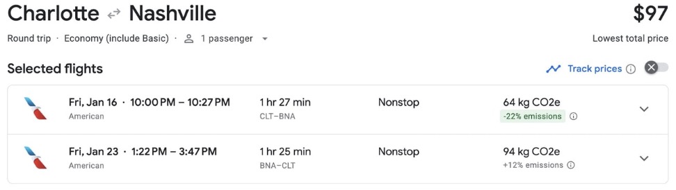 Charlotte-Nashville fare