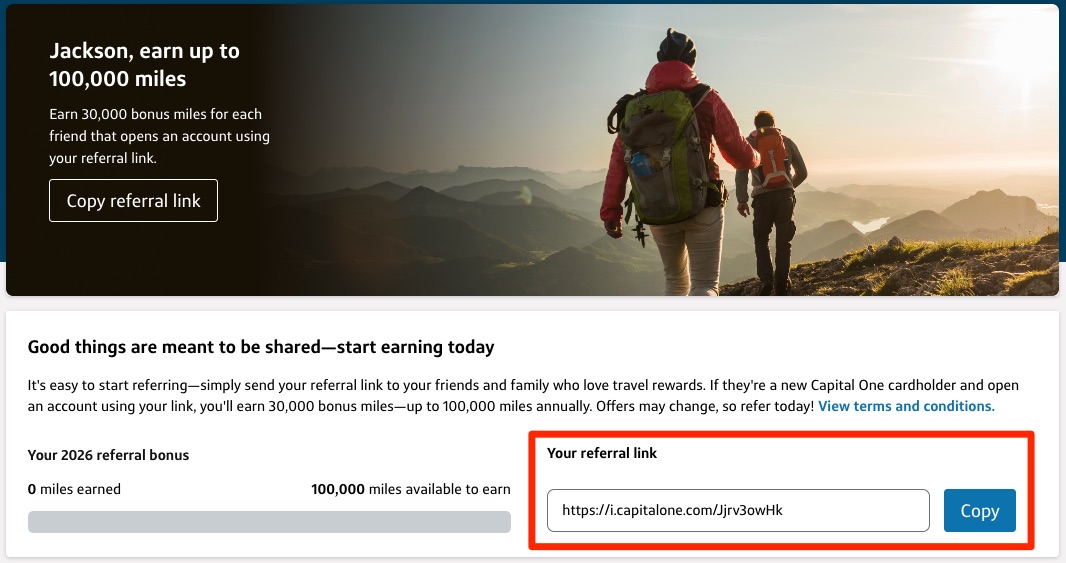 How to Earn Nearly 200K Capital One Miles ... In a Hurry 2 Screen showing how to generate a Capital One Venture X referral link and a tracker for how many points you've earned through referrals.