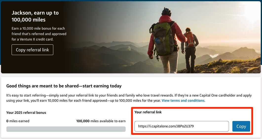 How to Quickly Earn 250K+ Capital One Miles 2 Screen showing how to generate a Capital One Venture X referral link and a tracker for how many points you've earned through referrals.