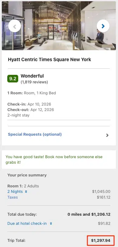 Price for a stay at Hyatt Centric Times Square booked through Delta Stays