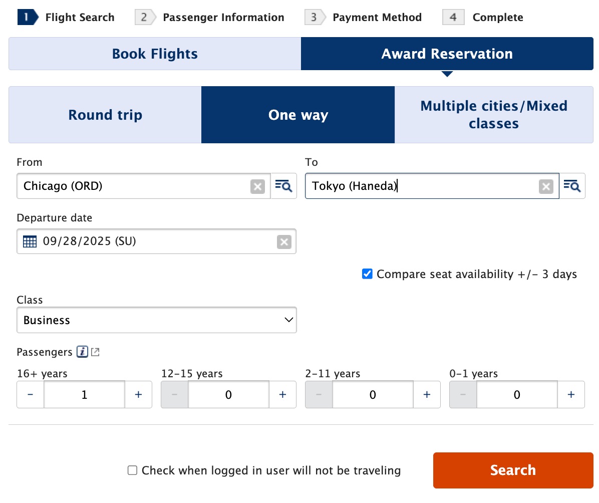 ana award search from chicago to tokyo on september 28