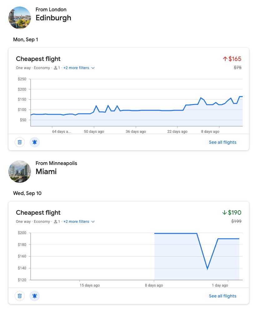 price charts for london to edinburgh and minneapolis to miami