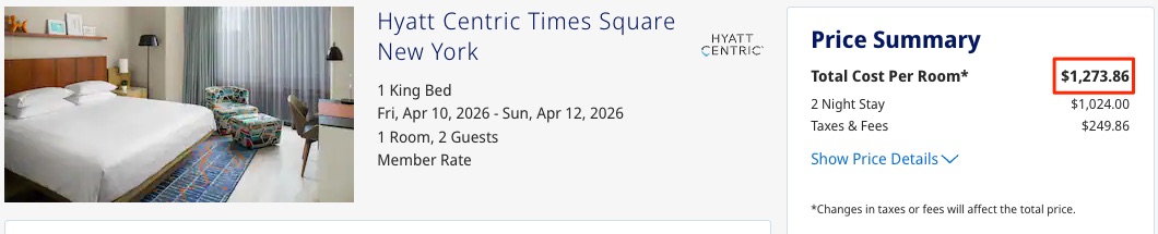 Price for a stay at Hyatt Centric Times Square booked through Hyatt