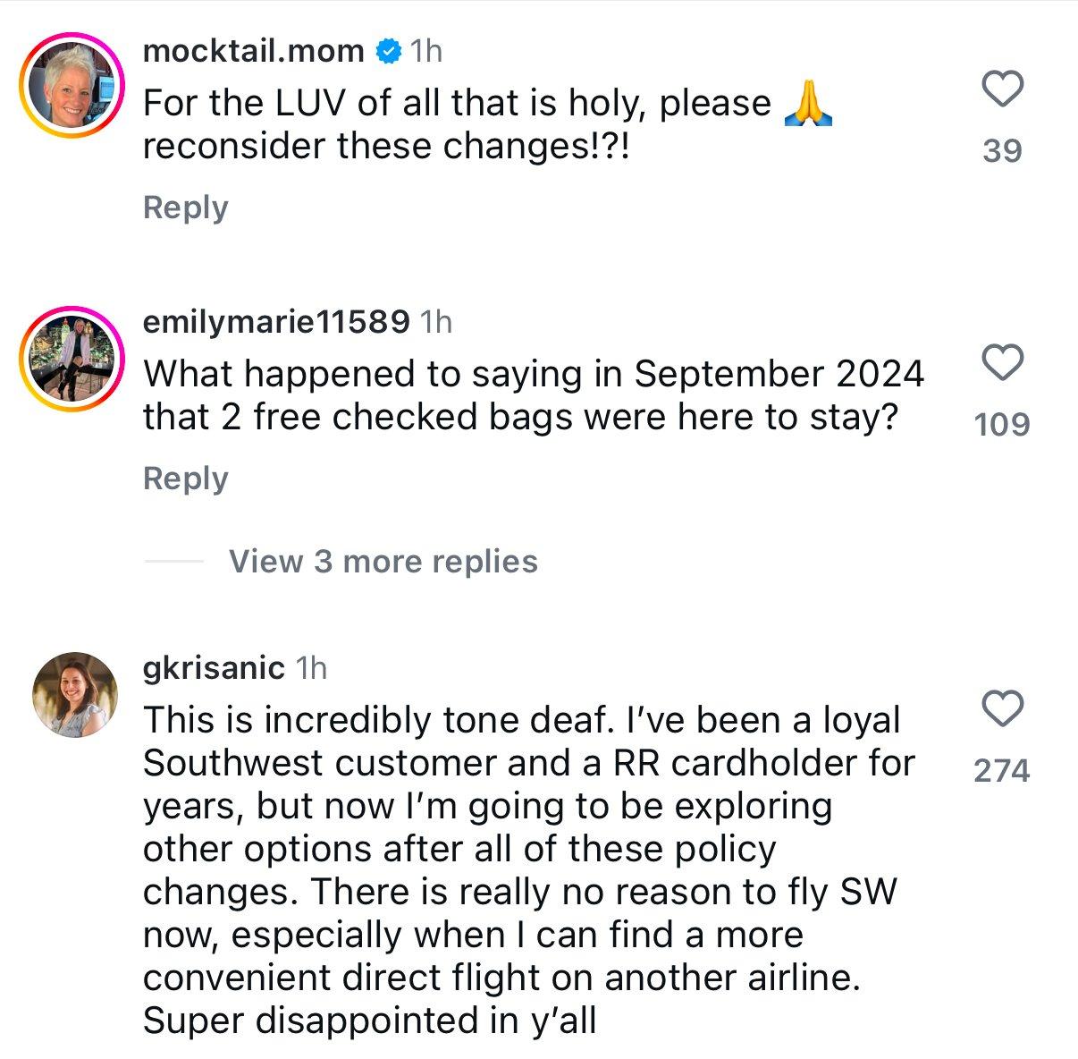 comments on southwest instagram post