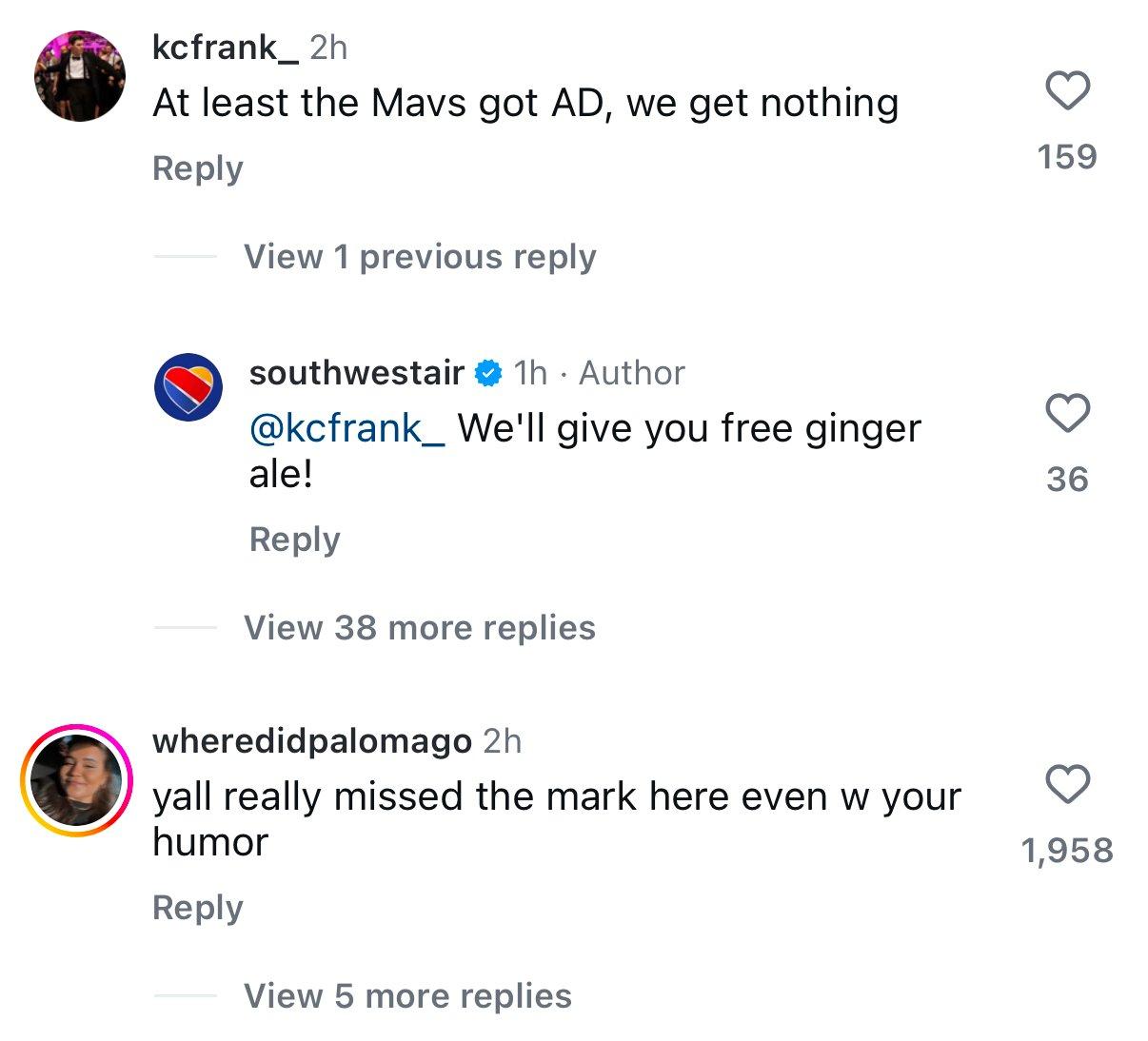 southwest comments on instagram