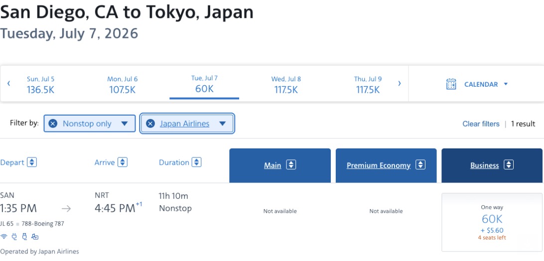 Japan Airlines with American Airlines miles