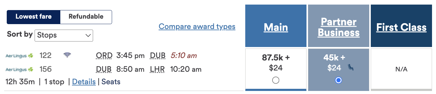 Alaska Airlines award flight from ORD-DUB-LHR for 45,000 miles in business class one-way. 