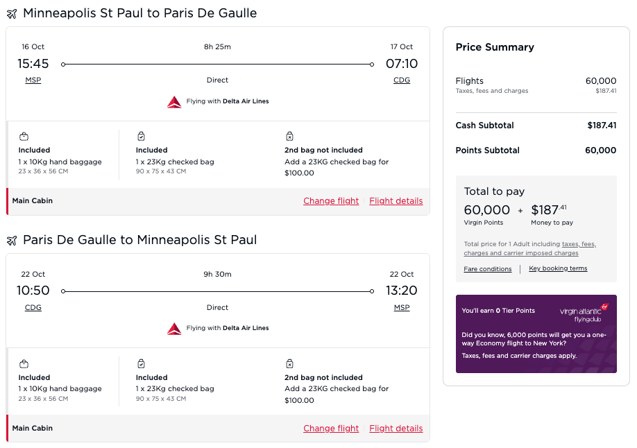 Virgin Atlantic award from MSP-CDG, flying Delta, for 60,000 points roundtrip in economy. 