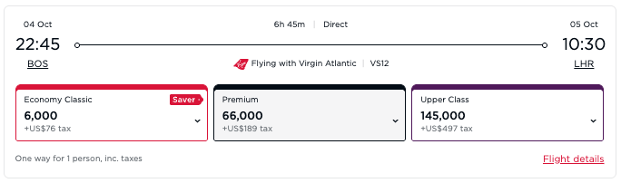 Virgin award from BOS-LHR for 6,000 points in economy. 