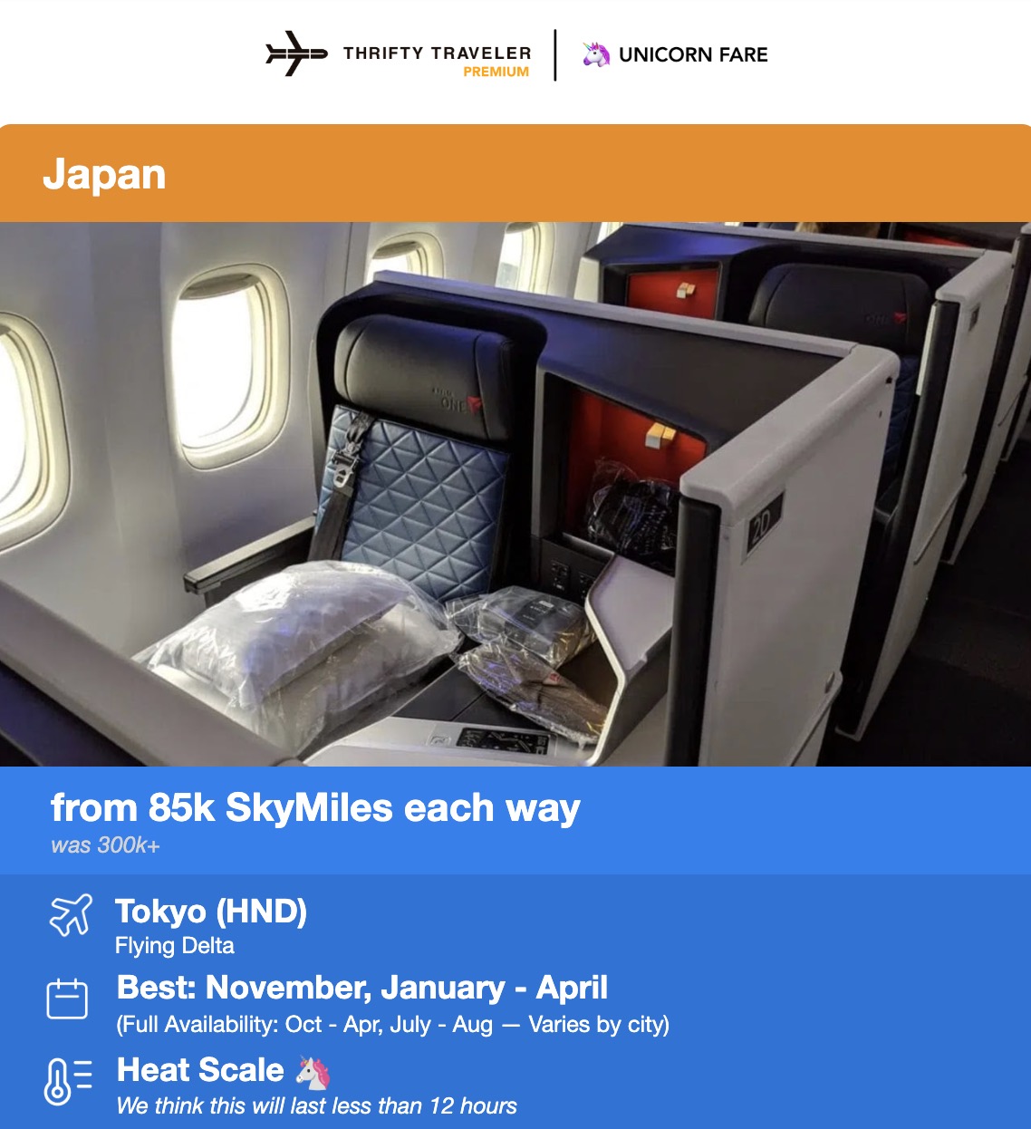 A Delta SkyMiles Delta One flight deal to Tokyo from just 85,000 SkyMiles roundtrip. 