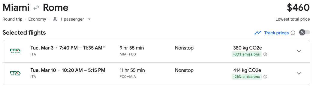miami to rome cheap flight for $460
