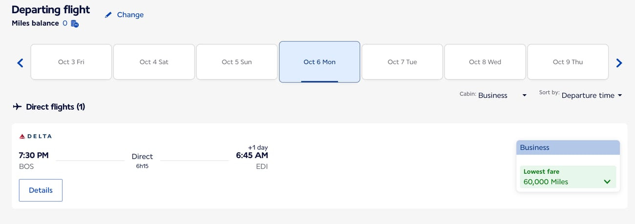 delta one flight from boston to edinburgh for 60,000 miles