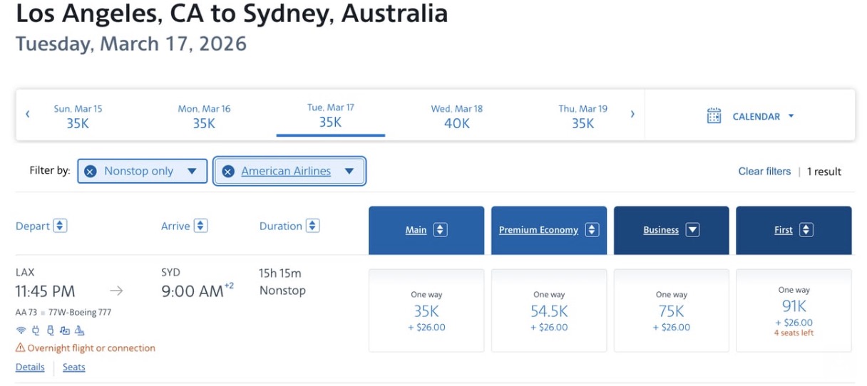 AA First Class airfare Down Under