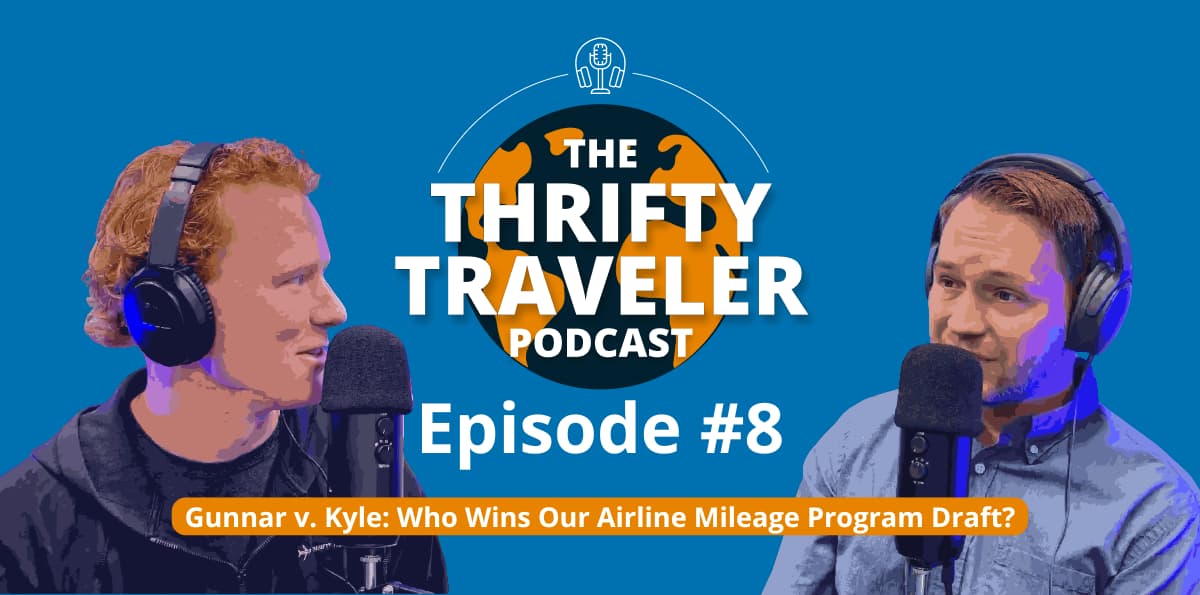 Two increasingly handsome podcasters are animated on a blue background promoting their podcast.