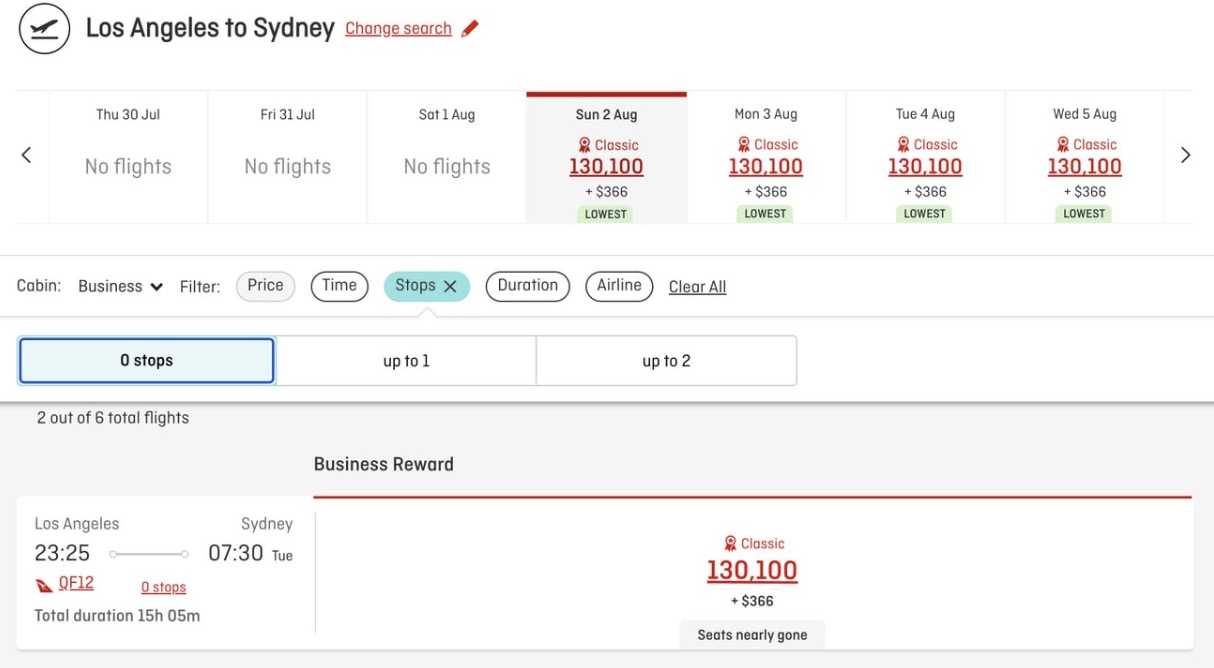 Qantas booking screenshot